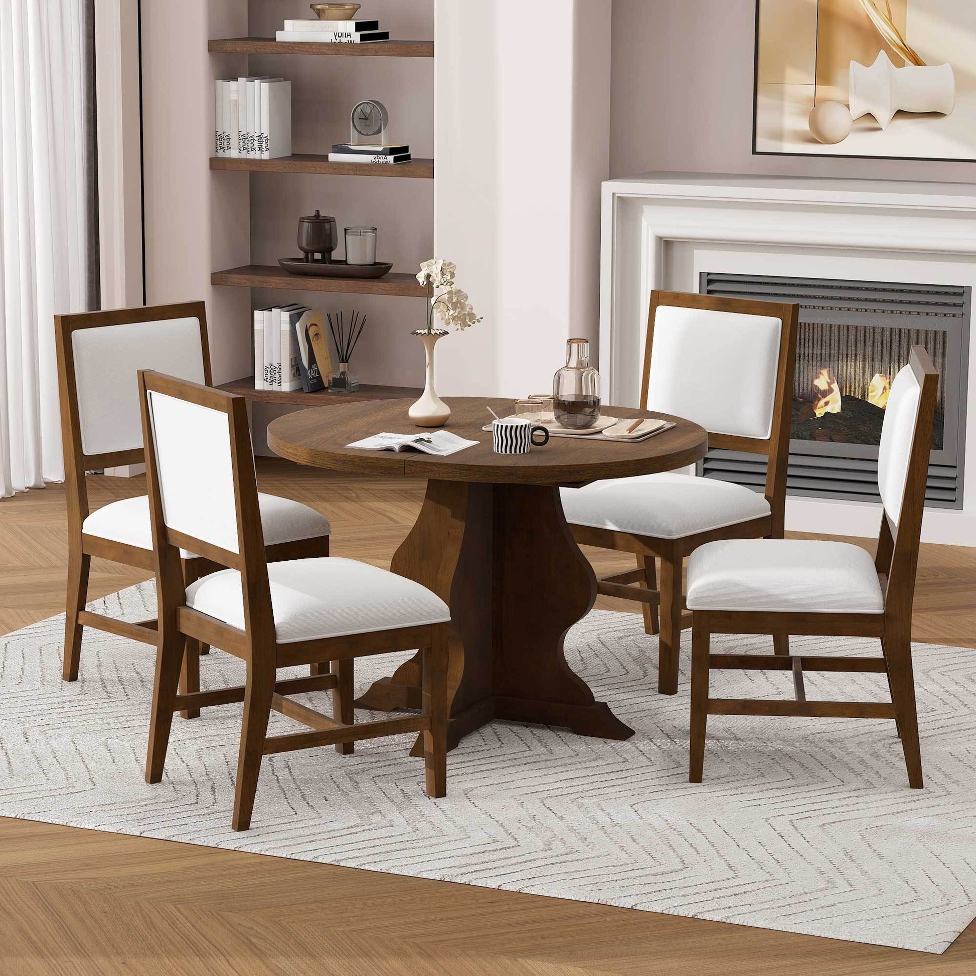 TREXM Farmhouse 5 - Piece Dining Table Set with 4 Upholstered Chairs, Wood Extendable Dining Table with 15.7' Leaf for Extra Seating for Dining Room, Kitchen and Living Room (Brown) - 1st Choice Furniture Direct