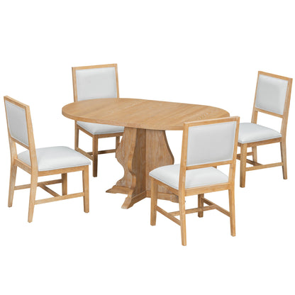TREXM Farmhouse 5 - Piece Dining Table Set with 4 Upholstered Chairs, Wood Extendable Dining Table with 15.7' Leaf for Extra Seating for Dining Room, Kitchen and Living Room (Natural Wood Wash) - 1st Choice Furniture Direct