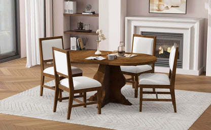 TREXM Farmhouse 5 - Piece Dining Table Set with 4 Upholstered Chairs, Wood Extendable Dining Table with 15.7' Leaf for Extra Seating for Dining Room, Kitchen and Living Room (Brown) - 1st Choice Furniture Direct