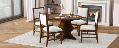 TREXM Farmhouse 5 - Piece Dining Table Set with 4 Upholstered Chairs, Wood Extendable Dining Table with 15.7' Leaf for Extra Seating for Dining Room, Kitchen and Living Room (Brown) - 1st Choice Furniture Direct