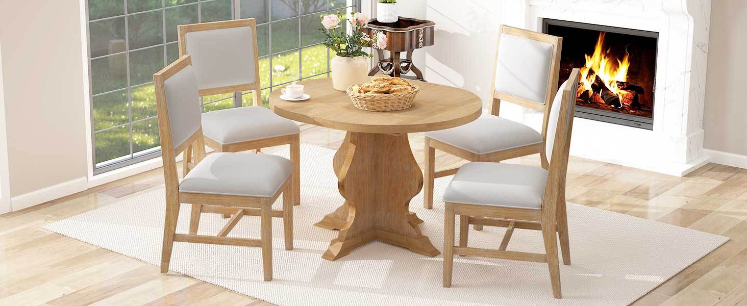 TREXM Farmhouse 5 - Piece Dining Table Set with 4 Upholstered Chairs, Wood Extendable Dining Table with 15.7' Leaf for Extra Seating for Dining Room, Kitchen and Living Room (Natural Wood Wash) - 1st Choice Furniture Direct