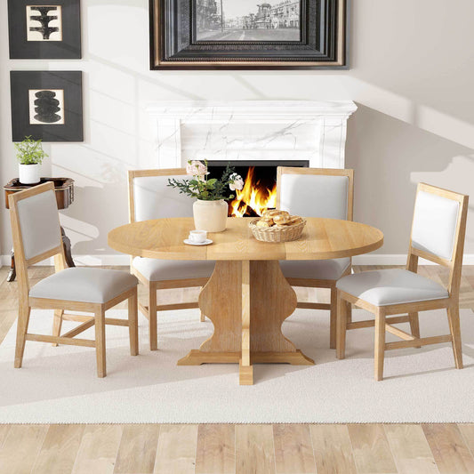 TREXM Farmhouse 5 - Piece Dining Table Set with 4 Upholstered Chairs, Wood Extendable Dining Table with 15.7' Leaf for Extra Seating for Dining Room, Kitchen and Living Room (Natural Wood Wash) - 1st Choice Furniture Direct