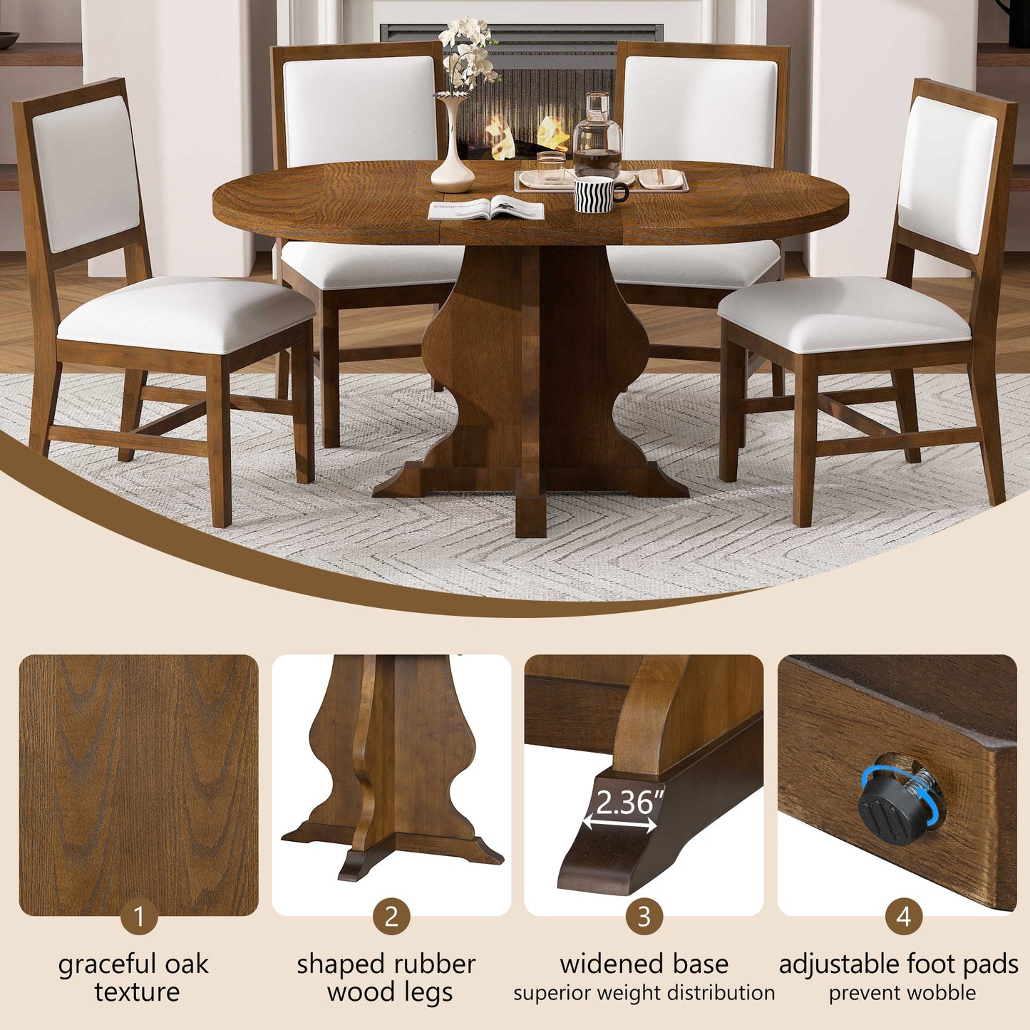 TREXM Farmhouse 5 - Piece Dining Table Set with 4 Upholstered Chairs, Wood Extendable Dining Table with 15.7' Leaf for Extra Seating for Dining Room, Kitchen and Living Room (Brown) - 1st Choice Furniture Direct
