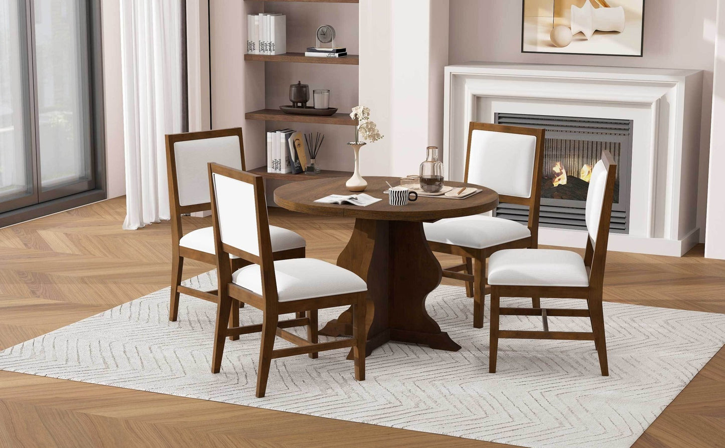 TREXM Farmhouse 5 - Piece Dining Table Set with 4 Upholstered Chairs, Wood Extendable Dining Table with 15.7' Leaf for Extra Seating for Dining Room, Kitchen and Living Room (Brown) - 1st Choice Furniture Direct