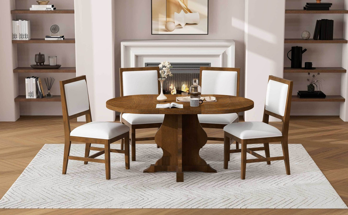 TREXM Farmhouse 5 - Piece Dining Table Set with 4 Upholstered Chairs, Wood Extendable Dining Table with 15.7' Leaf for Extra Seating for Dining Room, Kitchen and Living Room (Brown) - 1st Choice Furniture Direct
