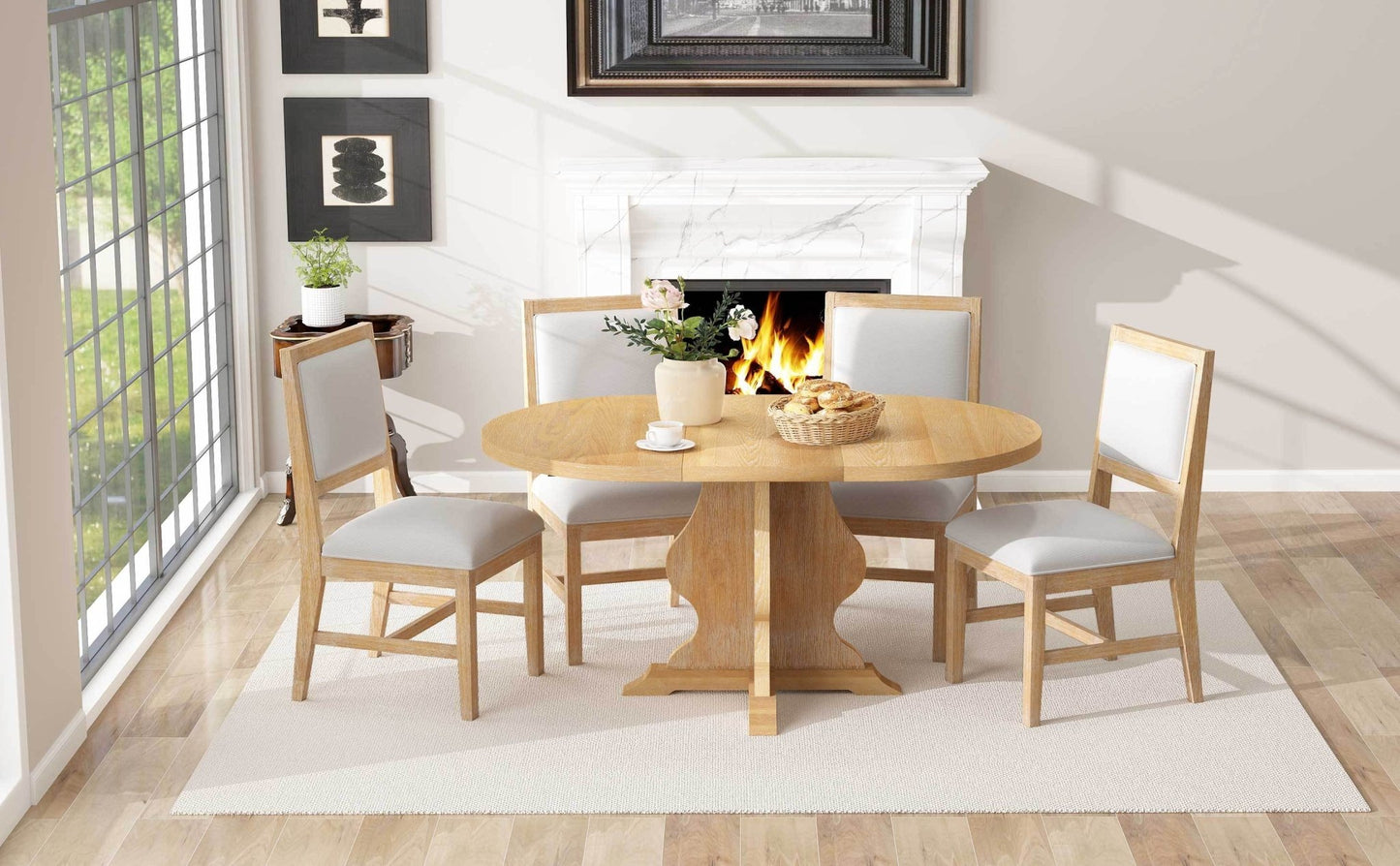 TREXM Farmhouse 5 - Piece Dining Table Set with 4 Upholstered Chairs, Wood Extendable Dining Table with 15.7' Leaf for Extra Seating for Dining Room, Kitchen and Living Room (Natural Wood Wash) - 1st Choice Furniture Direct