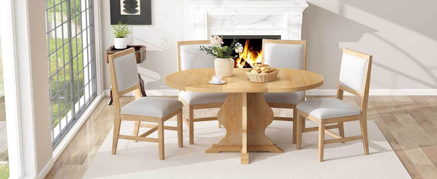 TREXM Farmhouse 5 - Piece Dining Table Set with 4 Upholstered Chairs, Wood Extendable Dining Table with 15.7' Leaf for Extra Seating for Dining Room, Kitchen and Living Room (Natural Wood Wash) - 1st Choice Furniture Direct
