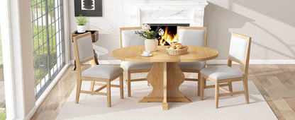 TREXM Farmhouse 5 - Piece Dining Table Set with 4 Upholstered Chairs, Wood Extendable Dining Table with 15.7' Leaf for Extra Seating for Dining Room, Kitchen and Living Room (Natural Wood Wash) - 1st Choice Furniture Direct