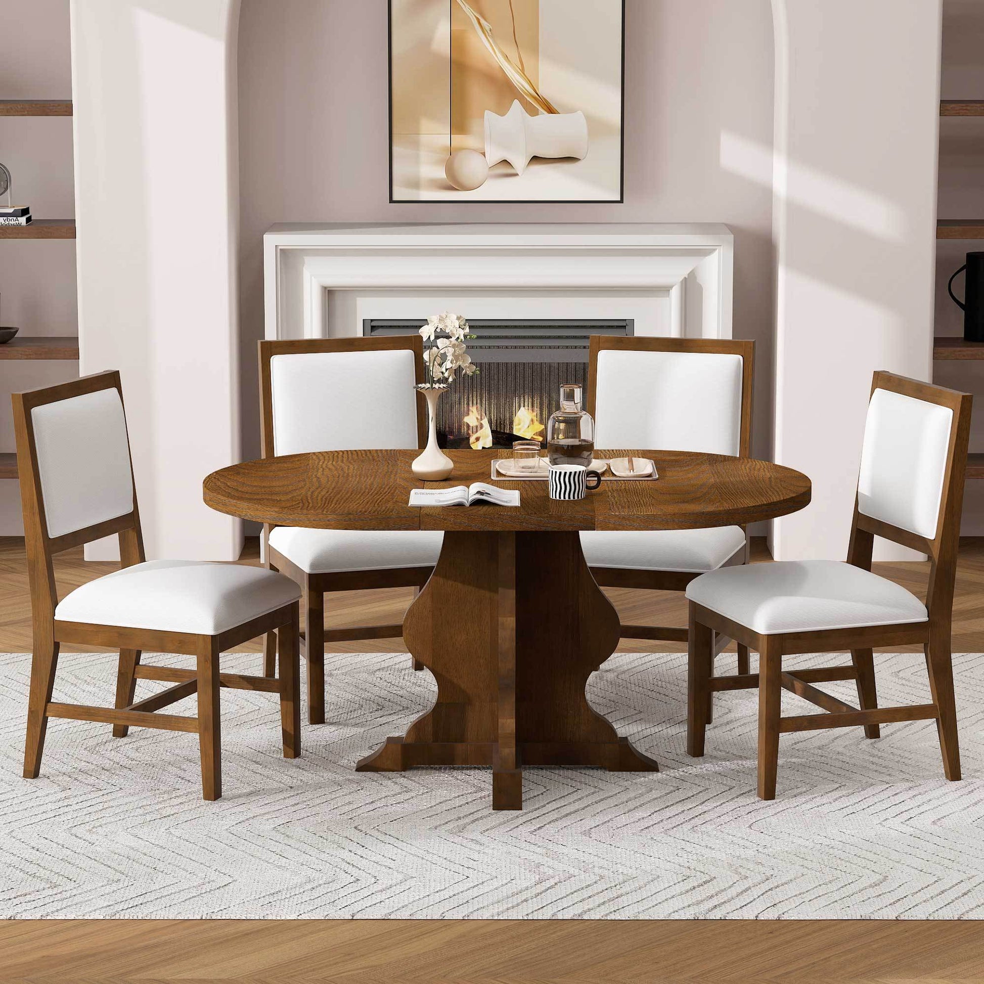 TREXM Farmhouse 5 - Piece Dining Table Set with 4 Upholstered Chairs, Wood Extendable Dining Table with 15.7' Leaf for Extra Seating for Dining Room, Kitchen and Living Room (Brown) - 1st Choice Furniture Direct
