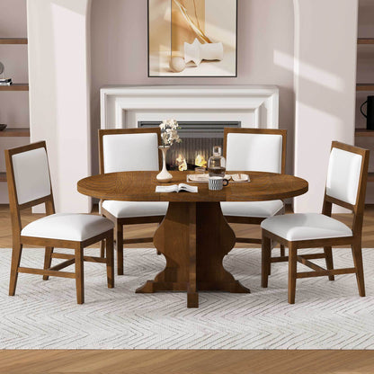 TREXM Farmhouse 5 - Piece Dining Table Set with 4 Upholstered Chairs, Wood Extendable Dining Table with 15.7' Leaf for Extra Seating for Dining Room, Kitchen and Living Room (Brown) - 1st Choice Furniture Direct