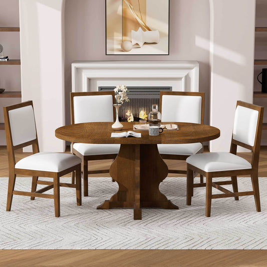 TREXM Farmhouse 5 - Piece Dining Table Set with 4 Upholstered Chairs, Wood Extendable Dining Table with 15.7' Leaf for Extra Seating for Dining Room, Kitchen and Living Room (Brown) - 1st Choice Furniture Direct