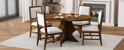 TREXM Farmhouse 5 - Piece Dining Table Set with 4 Upholstered Chairs, Wood Extendable Dining Table with 15.7' Leaf for Extra Seating for Dining Room, Kitchen and Living Room (Brown) - 1st Choice Furniture Direct