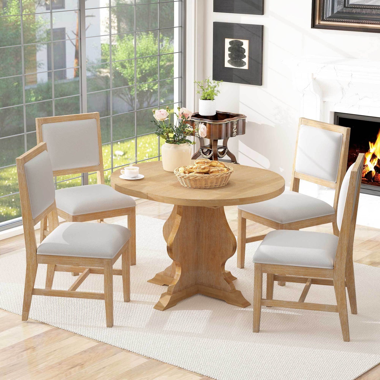 TREXM Farmhouse 5 - Piece Dining Table Set with 4 Upholstered Chairs, Wood Extendable Dining Table with 15.7' Leaf for Extra Seating for Dining Room, Kitchen and Living Room (Natural Wood Wash) - 1st Choice Furniture Direct