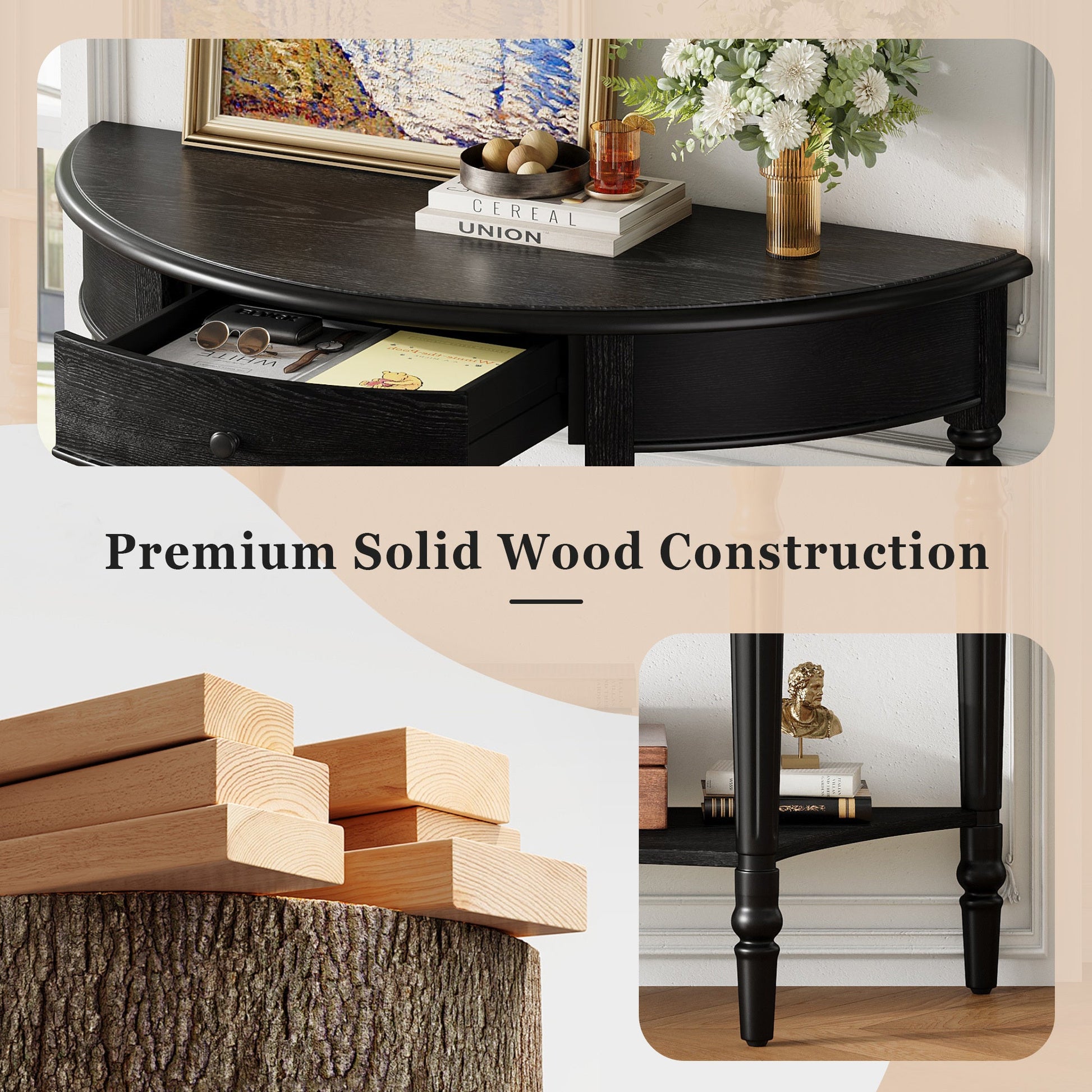 TREXM Farmhouse Half Moon Console Table with Drawer & Shelf - Rustic Accent Table, Sofa Table for Entryway, Living Room, Hallway and Foyer (Black) - 1st Choice Furniture Direct