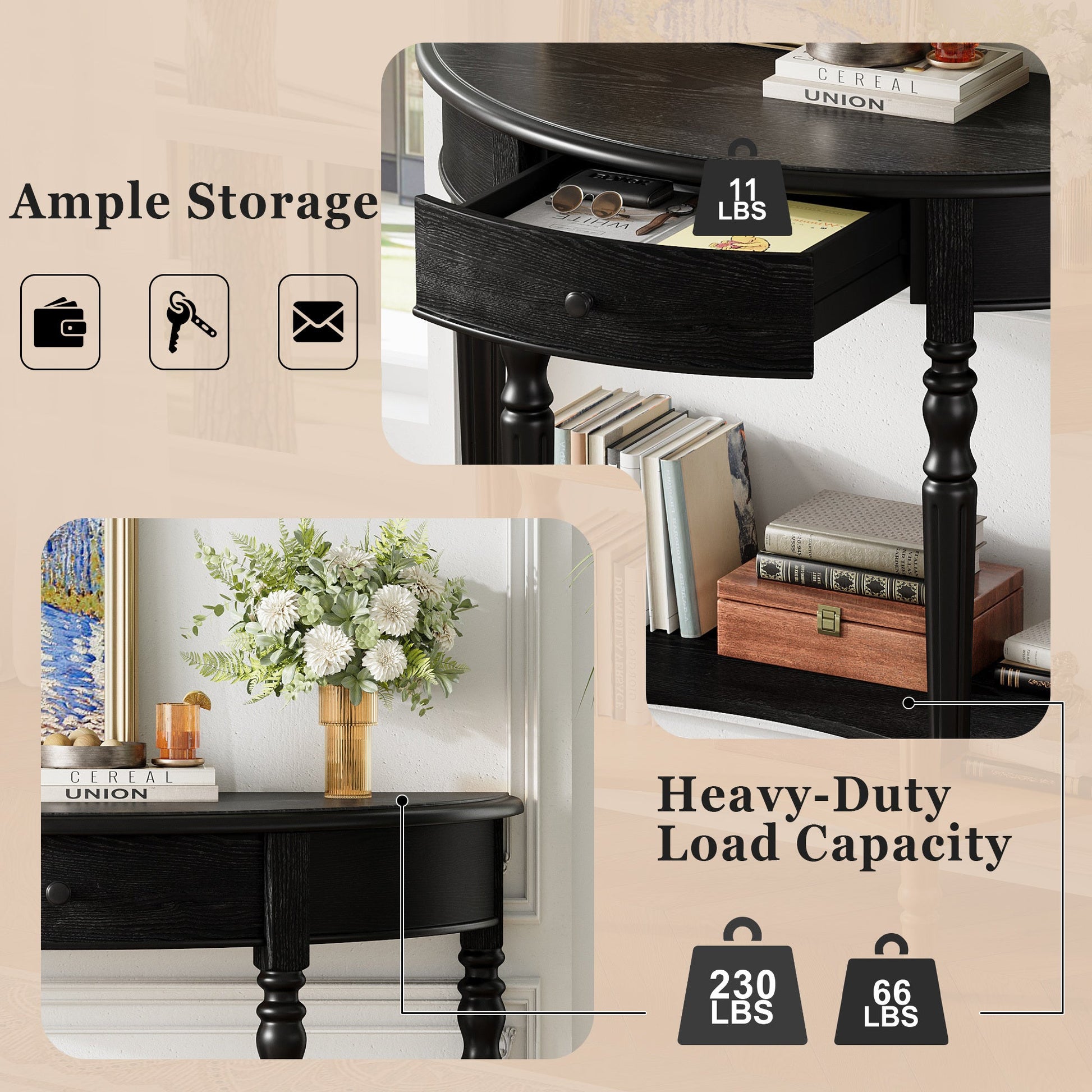 TREXM Farmhouse Half Moon Console Table with Drawer & Shelf - Rustic Accent Table, Sofa Table for Entryway, Living Room, Hallway and Foyer (Black) - 1st Choice Furniture Direct