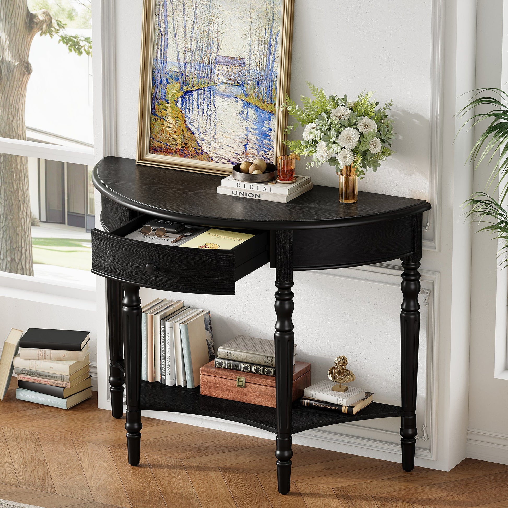 TREXM Farmhouse Half Moon Console Table with Drawer & Shelf - Rustic Accent Table, Sofa Table for Entryway, Living Room, Hallway and Foyer (Black) - 1st Choice Furniture Direct