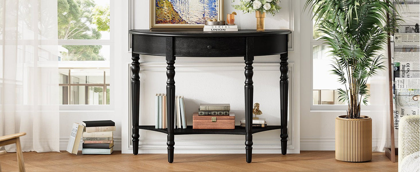 TREXM Farmhouse Half Moon Console Table with Drawer & Shelf - Rustic Accent Table, Sofa Table for Entryway, Living Room, Hallway and Foyer (Black) - 1st Choice Furniture Direct