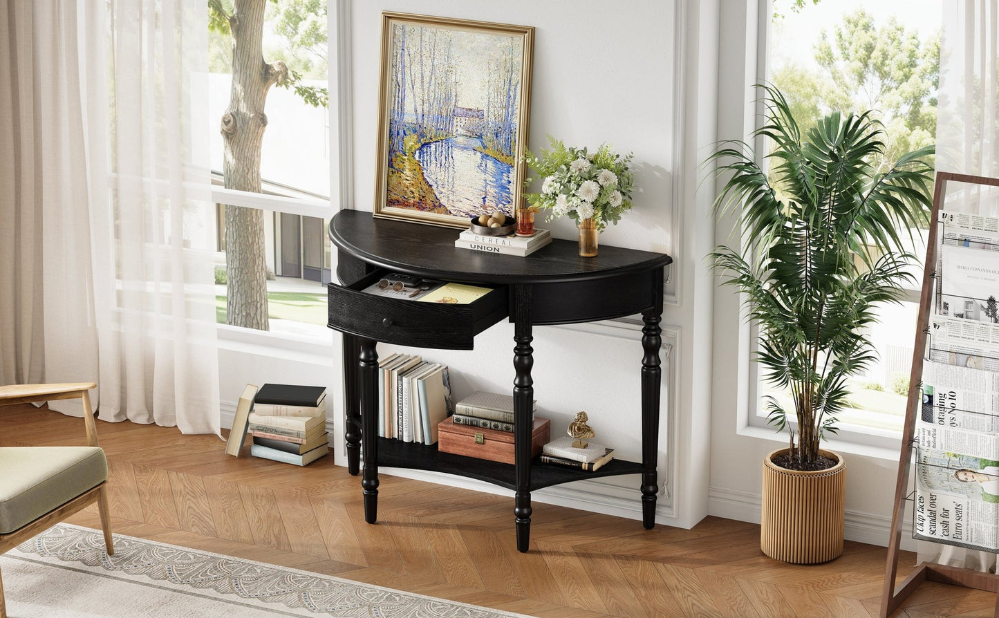 TREXM Farmhouse Half Moon Console Table with Drawer & Shelf - Rustic Accent Table, Sofa Table for Entryway, Living Room, Hallway and Foyer (Black) - 1st Choice Furniture Direct