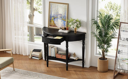 TREXM Farmhouse Half Moon Console Table with Drawer & Shelf - Rustic Accent Table, Sofa Table for Entryway, Living Room, Hallway and Foyer (Black) - 1st Choice Furniture Direct