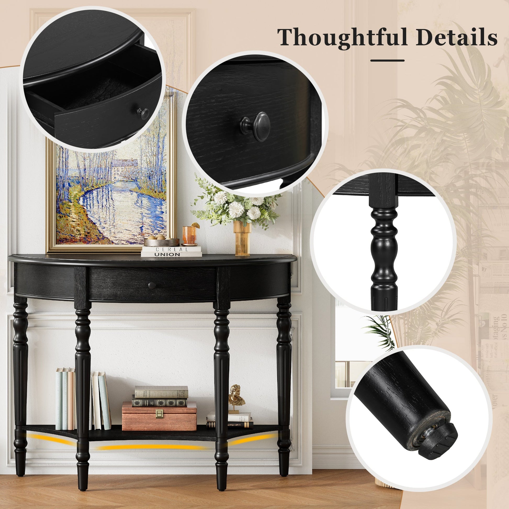 TREXM Farmhouse Half Moon Console Table with Drawer & Shelf - Rustic Accent Table, Sofa Table for Entryway, Living Room, Hallway and Foyer (Black) - 1st Choice Furniture Direct