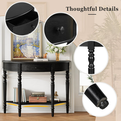 TREXM Farmhouse Half Moon Console Table with Drawer & Shelf - Rustic Accent Table, Sofa Table for Entryway, Living Room, Hallway and Foyer (Black) - 1st Choice Furniture Direct