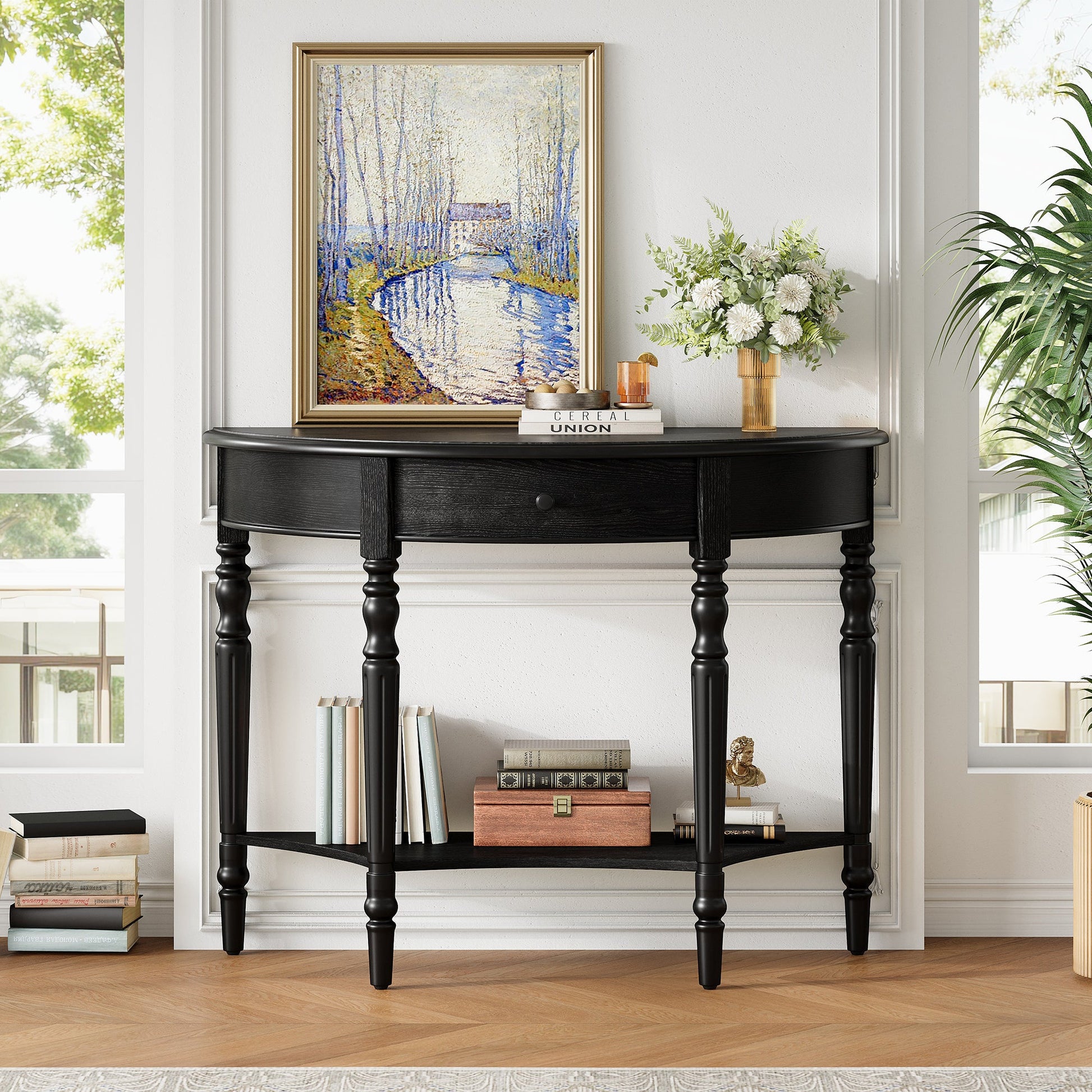 TREXM Farmhouse Half Moon Console Table with Drawer & Shelf - Rustic Accent Table, Sofa Table for Entryway, Living Room, Hallway and Foyer (Black) - 1st Choice Furniture Direct