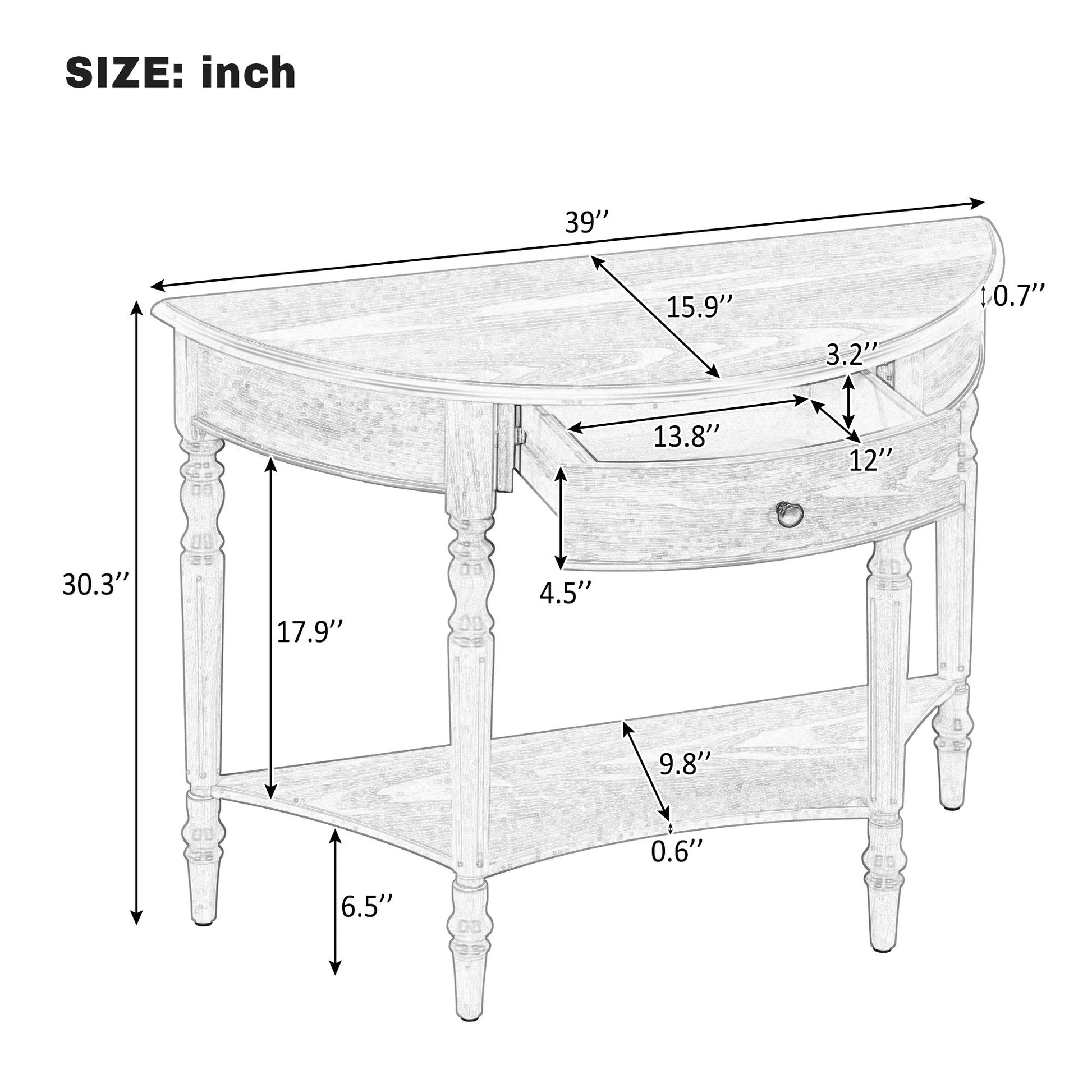 TREXM Farmhouse Half Moon Console Table with Drawer & Shelf - Rustic Accent Table, Sofa Table for Entryway, Living Room, Hallway and Foyer (Black) - 1st Choice Furniture Direct