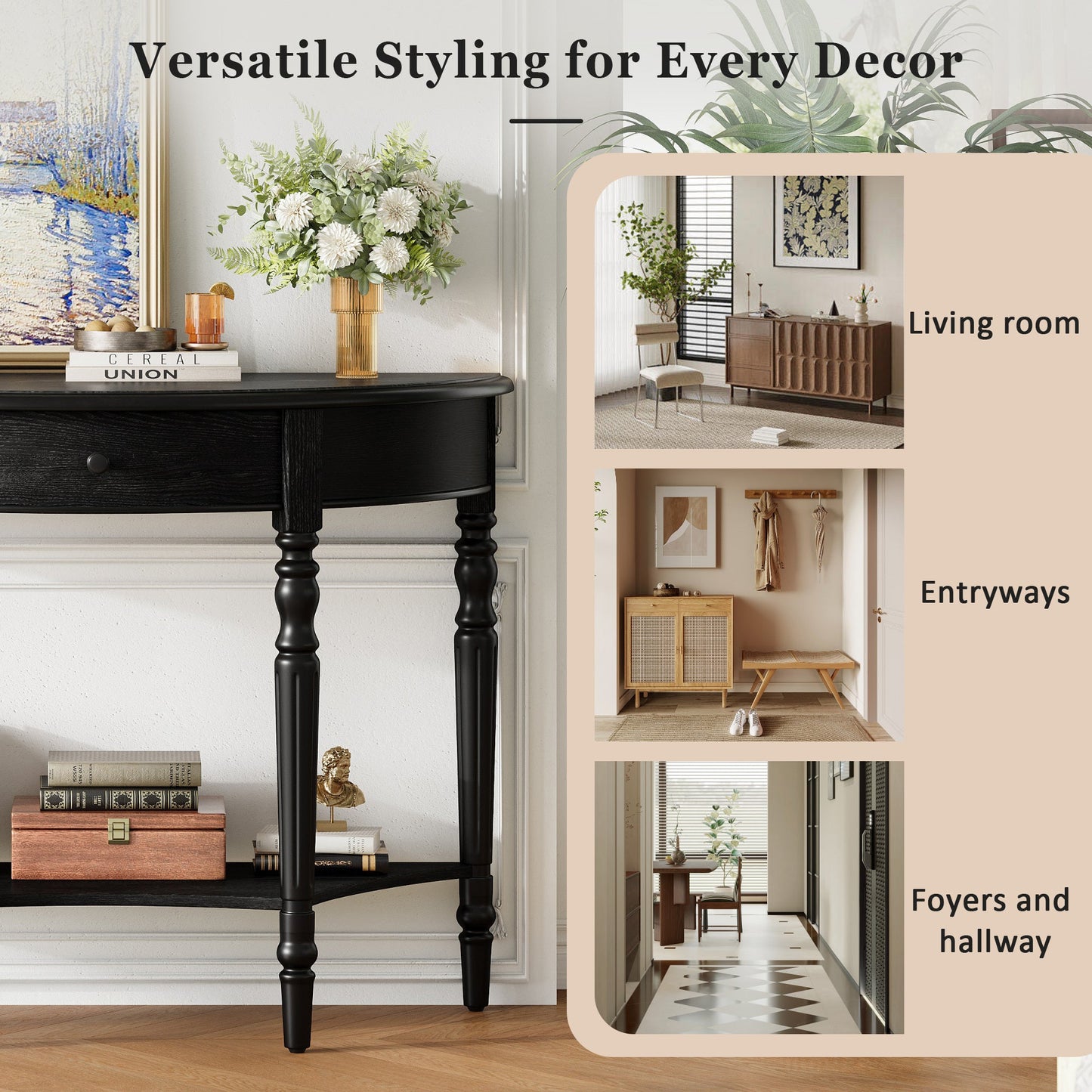 TREXM Farmhouse Half Moon Console Table with Drawer & Shelf - Rustic Accent Table, Sofa Table for Entryway, Living Room, Hallway and Foyer (Black) - 1st Choice Furniture Direct