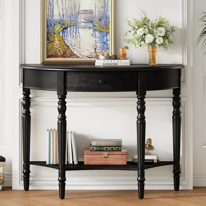 TREXM Farmhouse Half Moon Console Table with Drawer & Shelf - Rustic Accent Table, Sofa Table for Entryway, Living Room, Hallway and Foyer (Black) - 1st Choice Furniture Direct