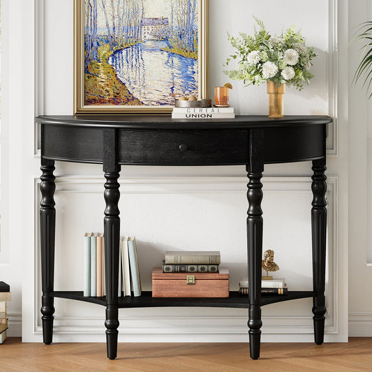 TREXM Farmhouse Half Moon Console Table with Drawer & Shelf - Rustic Accent Table, Sofa Table for Entryway, Living Room, Hallway and Foyer (Black) - 1st Choice Furniture Direct
