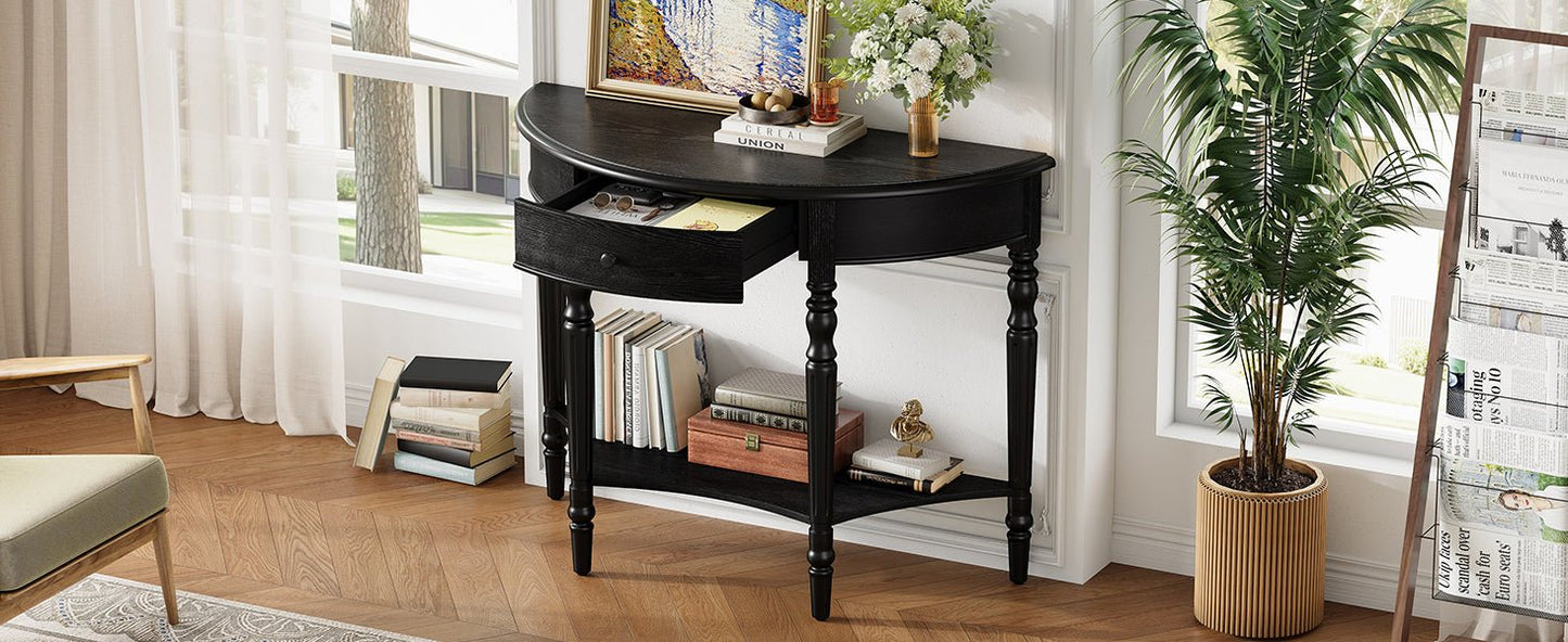 TREXM Farmhouse Half Moon Console Table with Drawer & Shelf - Rustic Accent Table, Sofa Table for Entryway, Living Room, Hallway and Foyer (Black) - 1st Choice Furniture Direct