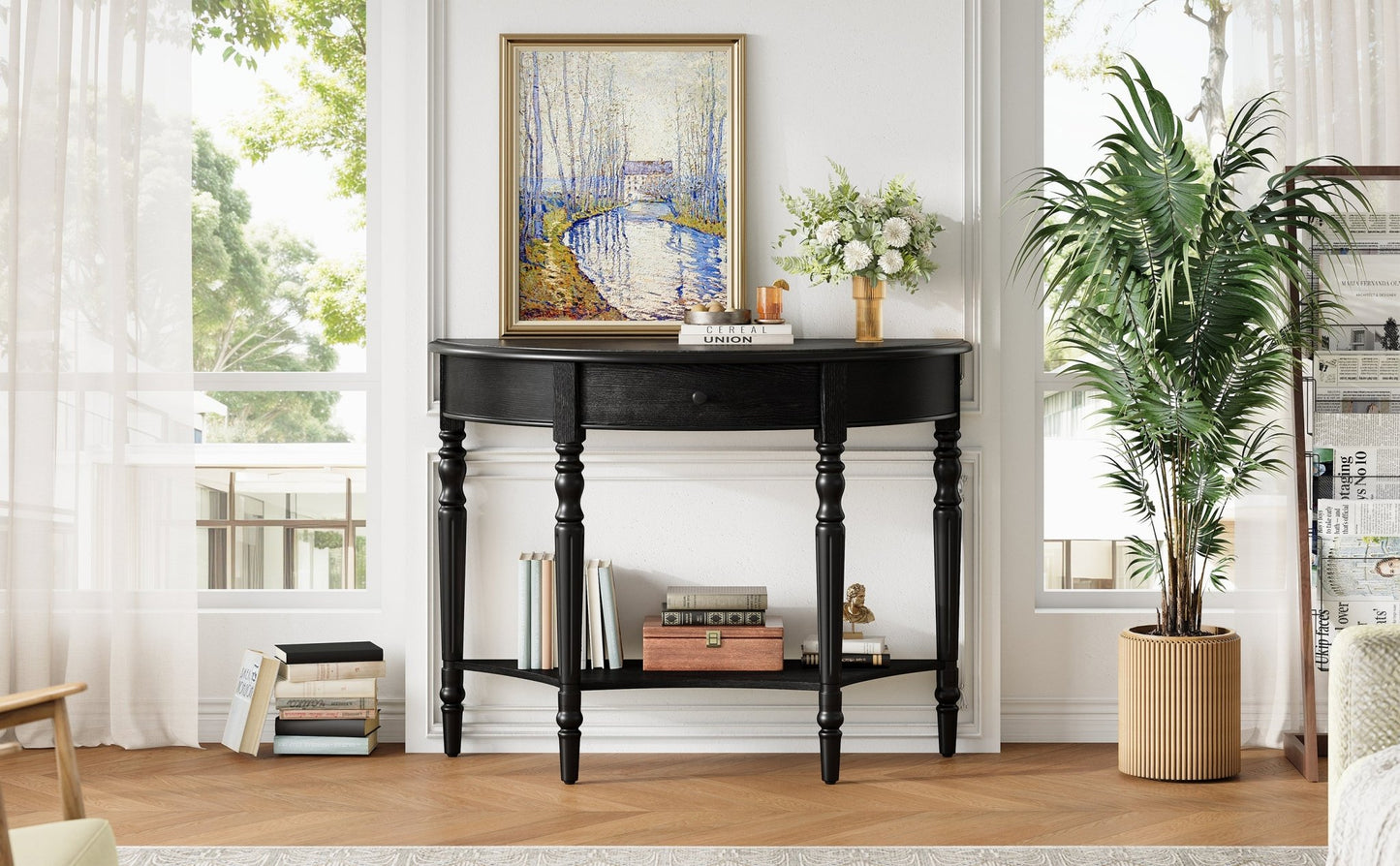 TREXM Farmhouse Half Moon Console Table with Drawer & Shelf - Rustic Accent Table, Sofa Table for Entryway, Living Room, Hallway and Foyer (Black) - 1st Choice Furniture Direct