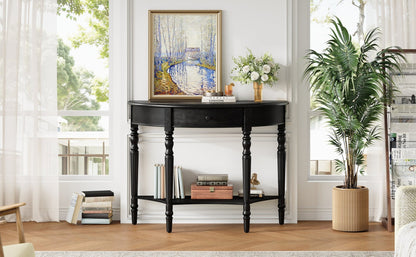 TREXM Farmhouse Half Moon Console Table with Drawer & Shelf - Rustic Accent Table, Sofa Table for Entryway, Living Room, Hallway and Foyer (Black) - 1st Choice Furniture Direct