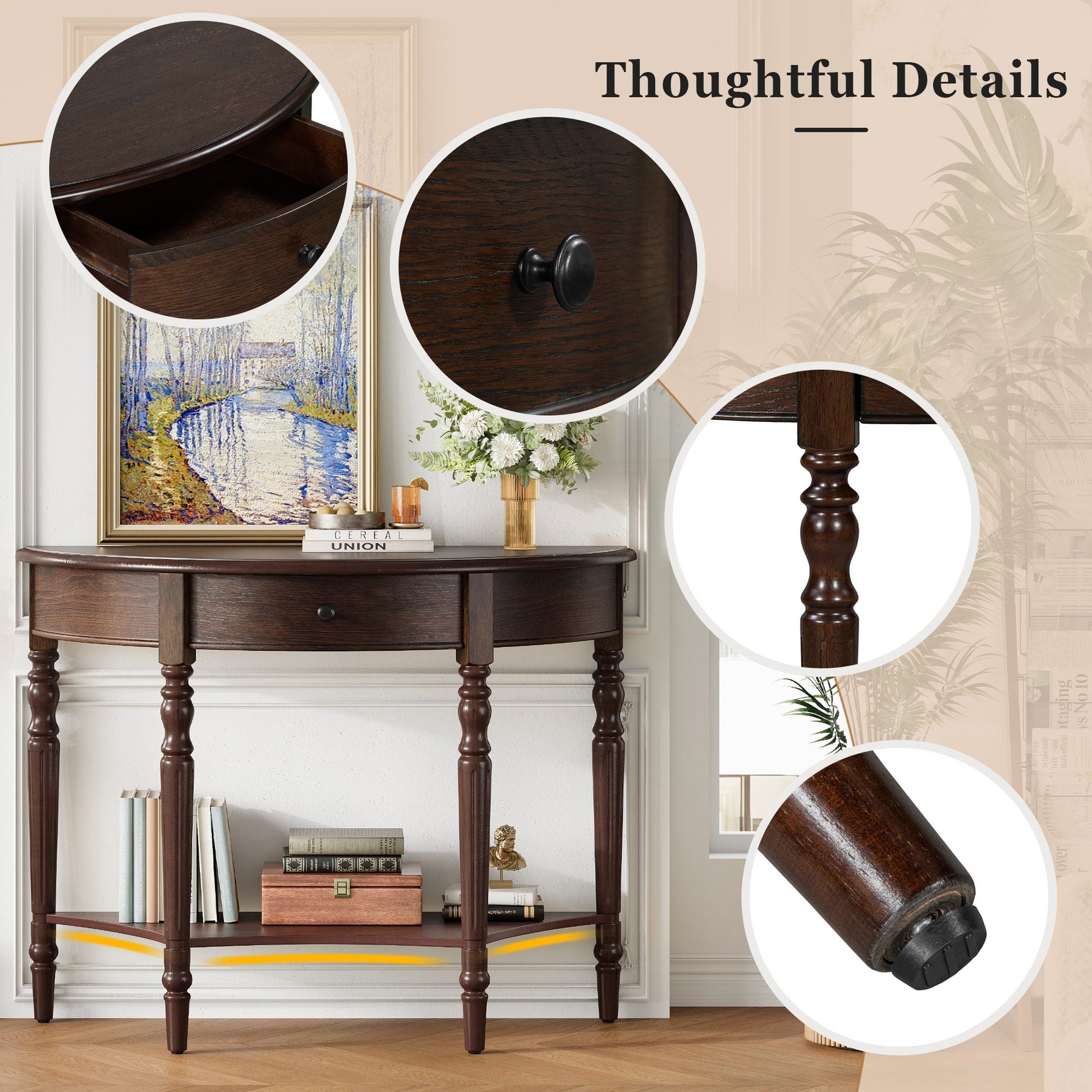 TREXM Farmhouse Half Moon Console Table with Drawer & Shelf - Rustic Accent Table, Sofa Table for Entryway, Living Room, Hallway and Foyer (Espresso) - 1st Choice Furniture Direct