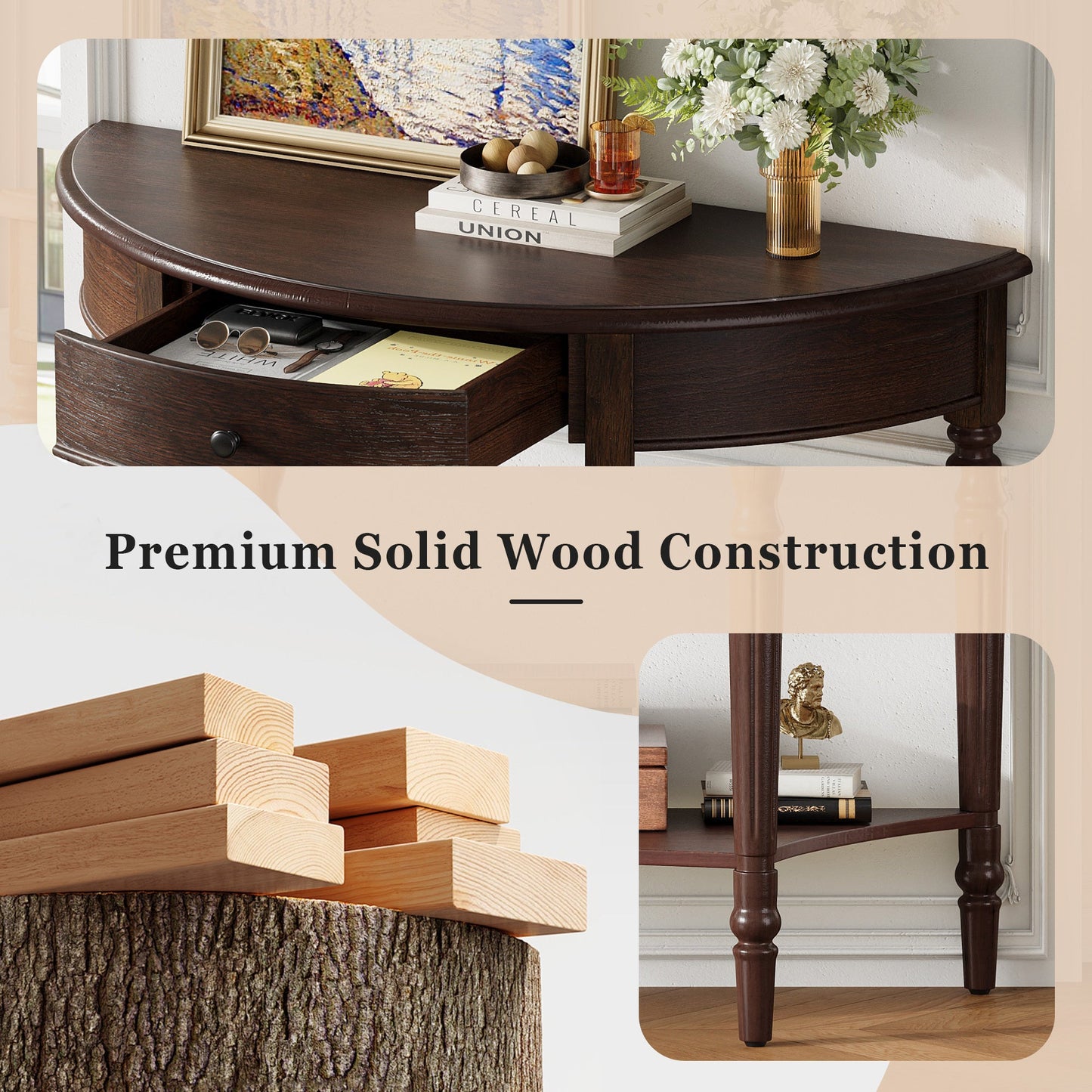 TREXM Farmhouse Half Moon Console Table with Drawer & Shelf - Rustic Accent Table, Sofa Table for Entryway, Living Room, Hallway and Foyer (Espresso) - 1st Choice Furniture Direct