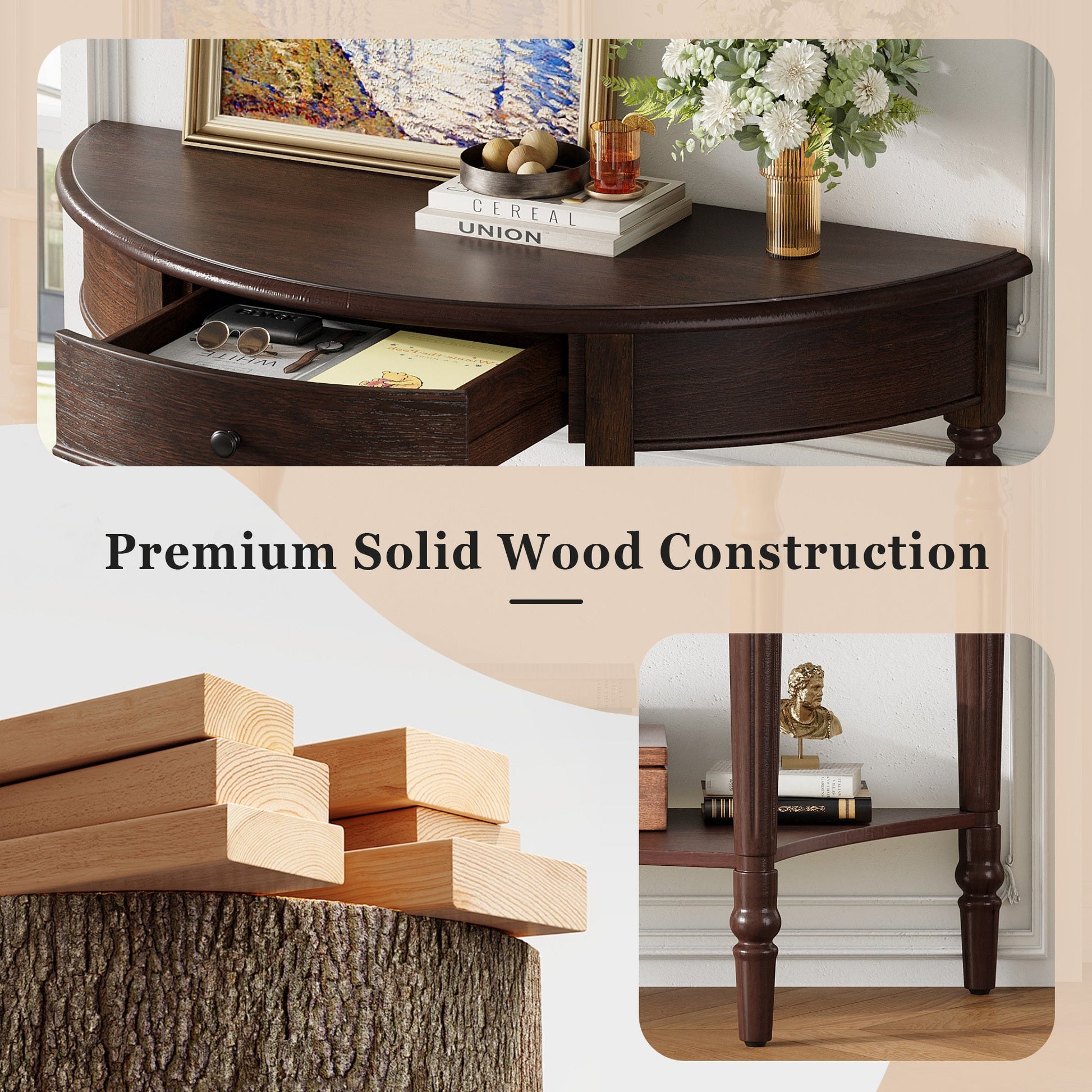 TREXM Farmhouse Half Moon Console Table with Drawer & Shelf - Rustic Accent Table, Sofa Table for Entryway, Living Room, Hallway and Foyer (Espresso) - 1st Choice Furniture Direct