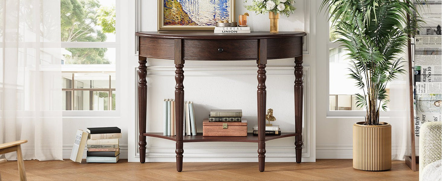TREXM Farmhouse Half Moon Console Table with Drawer & Shelf - Rustic Accent Table, Sofa Table for Entryway, Living Room, Hallway and Foyer (Espresso) - 1st Choice Furniture Direct