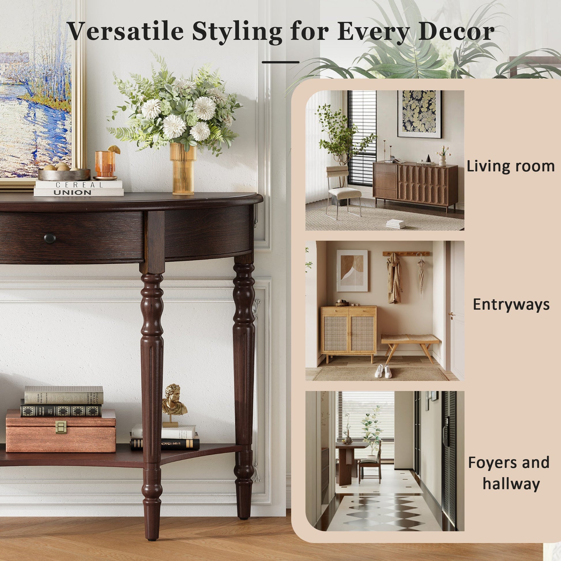 TREXM Farmhouse Half Moon Console Table with Drawer & Shelf - Rustic Accent Table, Sofa Table for Entryway, Living Room, Hallway and Foyer (Espresso) - 1st Choice Furniture Direct