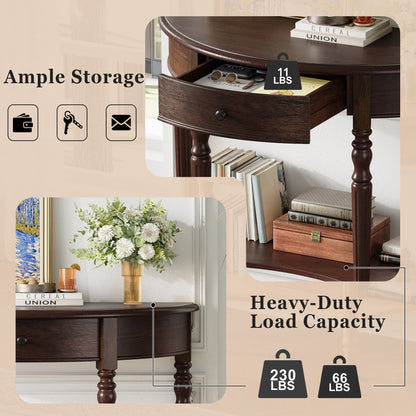 TREXM Farmhouse Half Moon Console Table with Drawer & Shelf - Rustic Accent Table, Sofa Table for Entryway, Living Room, Hallway and Foyer (Espresso) - 1st Choice Furniture Direct