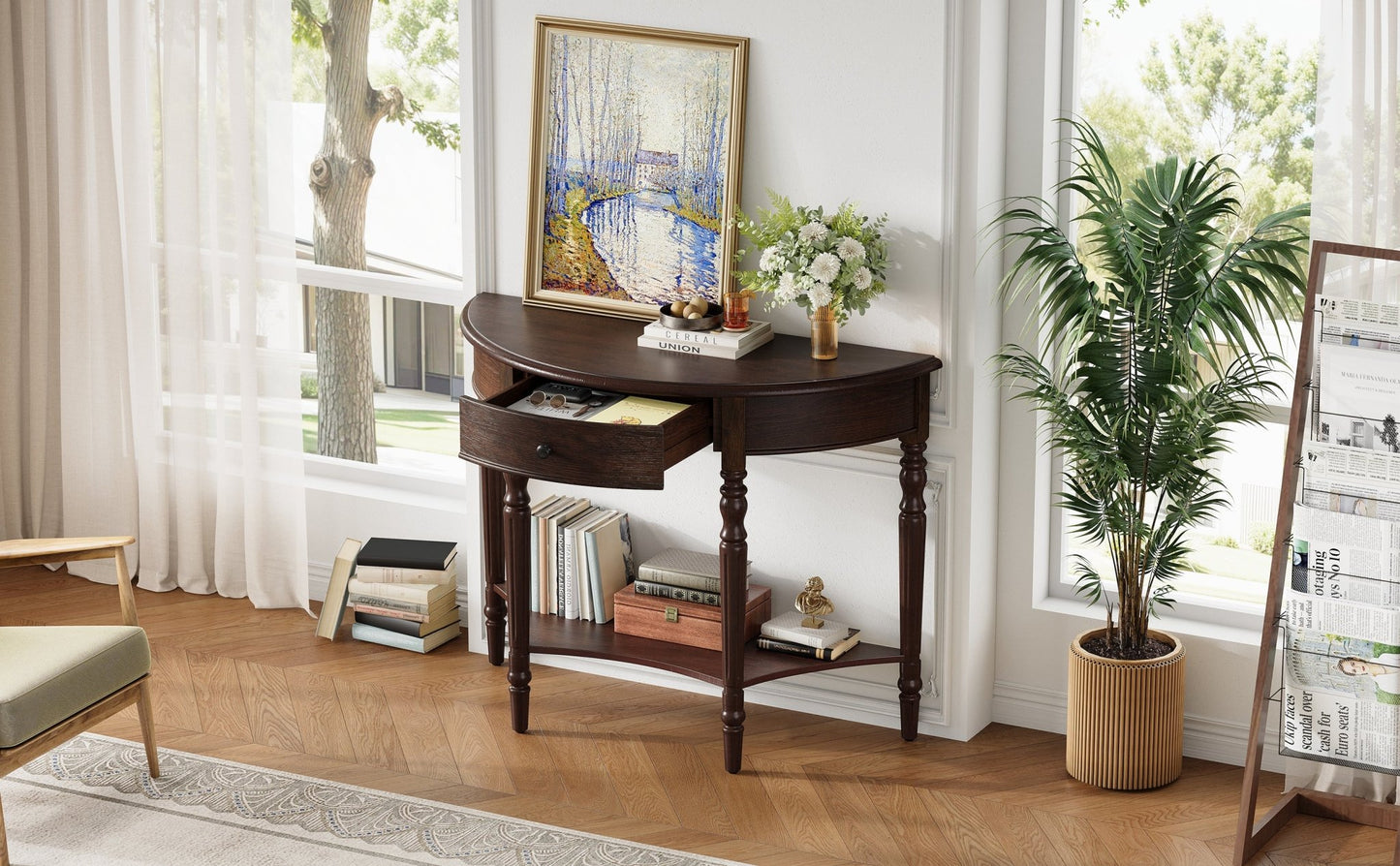 TREXM Farmhouse Half Moon Console Table with Drawer & Shelf - Rustic Accent Table, Sofa Table for Entryway, Living Room, Hallway and Foyer (Espresso) - 1st Choice Furniture Direct