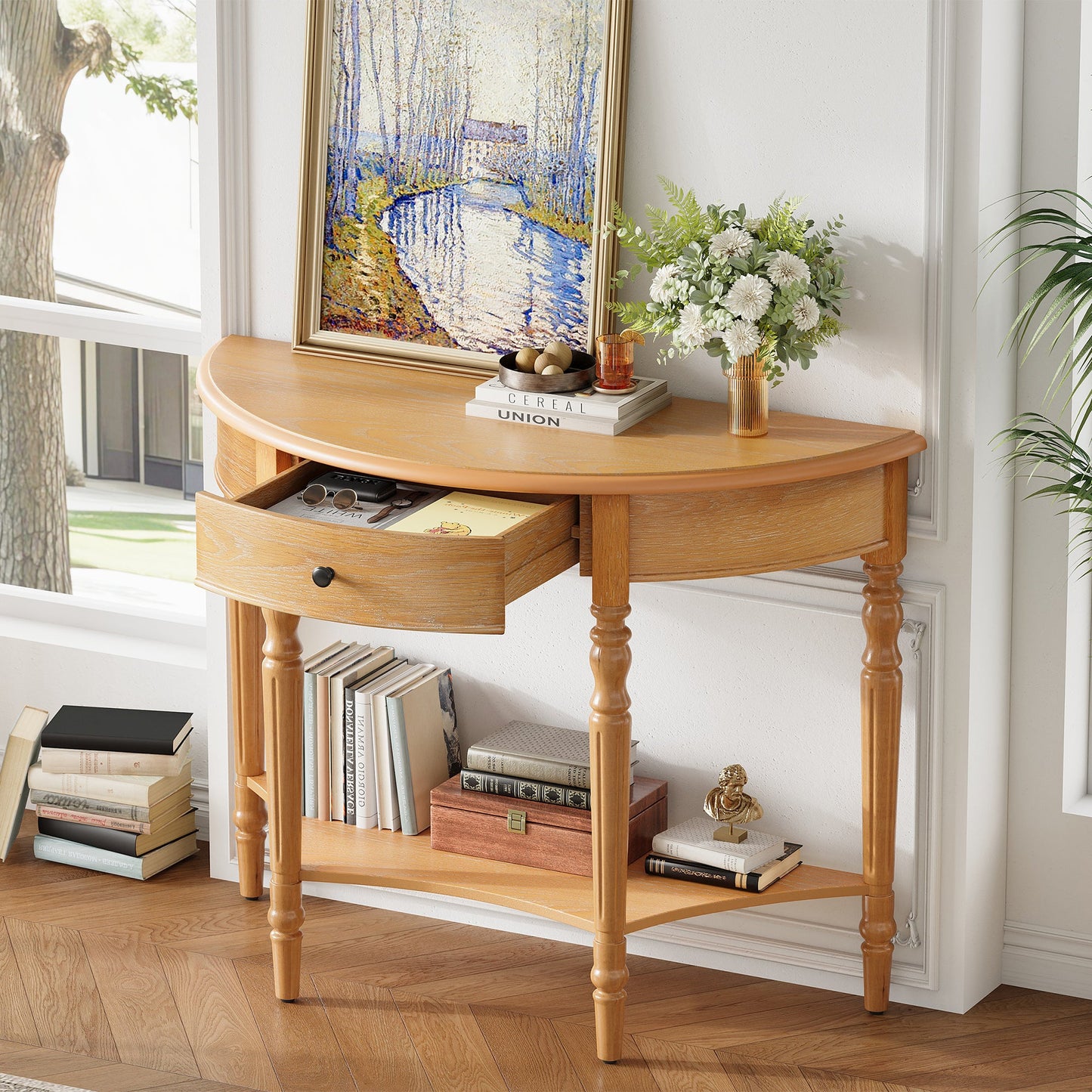 TREXM Farmhouse Half Moon Console Table with Drawer & Shelf - Rustic Accent Table, Sofa Table for Entryway, Living Room, Hallway and Foyer (Natural) - 1st Choice Furniture Direct