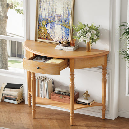 TREXM Farmhouse Half Moon Console Table with Drawer & Shelf - Rustic Accent Table, Sofa Table for Entryway, Living Room, Hallway and Foyer (Natural) - 1st Choice Furniture Direct