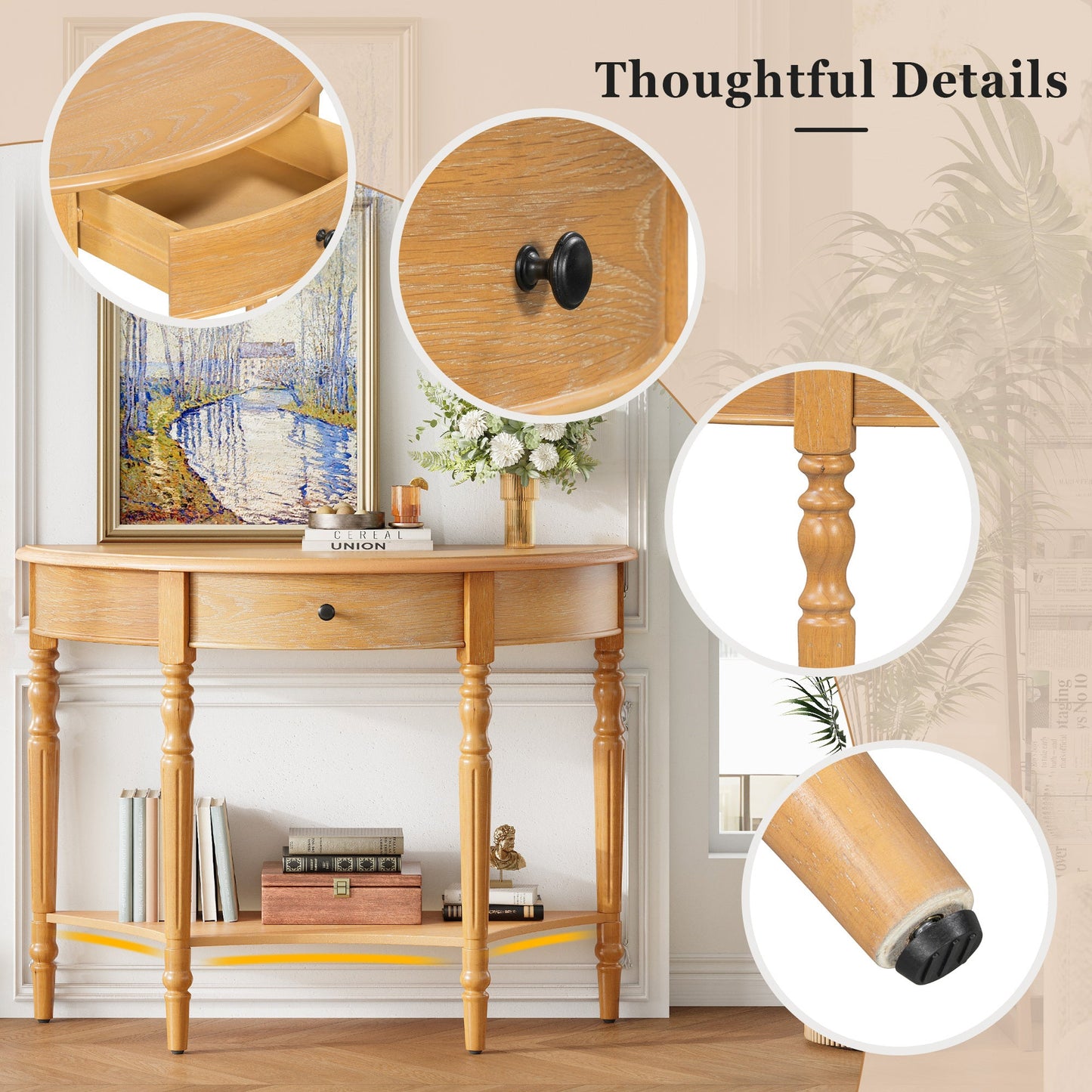 TREXM Farmhouse Half Moon Console Table with Drawer & Shelf - Rustic Accent Table, Sofa Table for Entryway, Living Room, Hallway and Foyer (Natural) - 1st Choice Furniture Direct