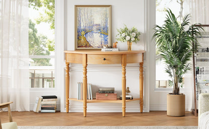 TREXM Farmhouse Half Moon Console Table with Drawer & Shelf - Rustic Accent Table, Sofa Table for Entryway, Living Room, Hallway and Foyer (Natural) - 1st Choice Furniture Direct