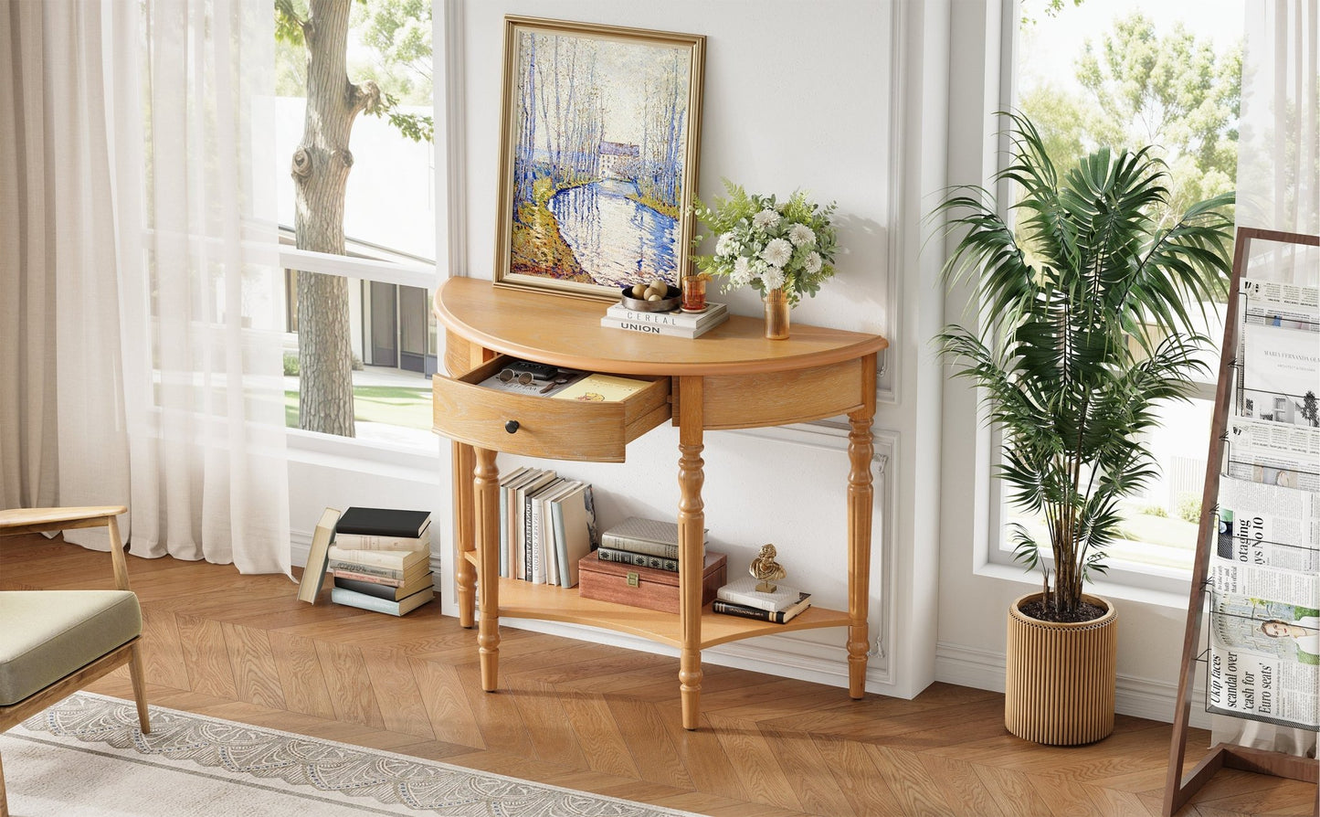 TREXM Farmhouse Half Moon Console Table with Drawer & Shelf - Rustic Accent Table, Sofa Table for Entryway, Living Room, Hallway and Foyer (Natural) - 1st Choice Furniture Direct
