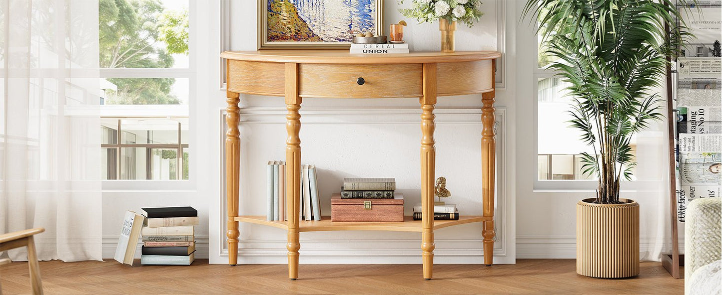 TREXM Farmhouse Half Moon Console Table with Drawer & Shelf - Rustic Accent Table, Sofa Table for Entryway, Living Room, Hallway and Foyer (Natural) - 1st Choice Furniture Direct