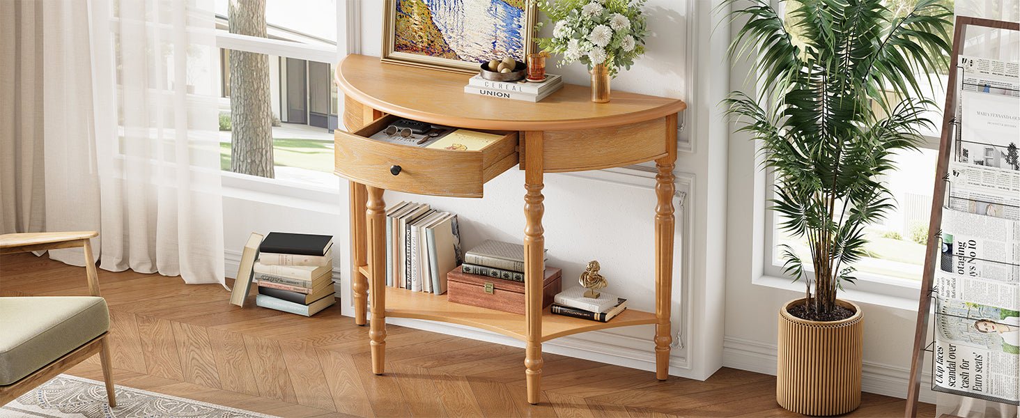 TREXM Farmhouse Half Moon Console Table with Drawer & Shelf - Rustic Accent Table, Sofa Table for Entryway, Living Room, Hallway and Foyer (Natural) - 1st Choice Furniture Direct