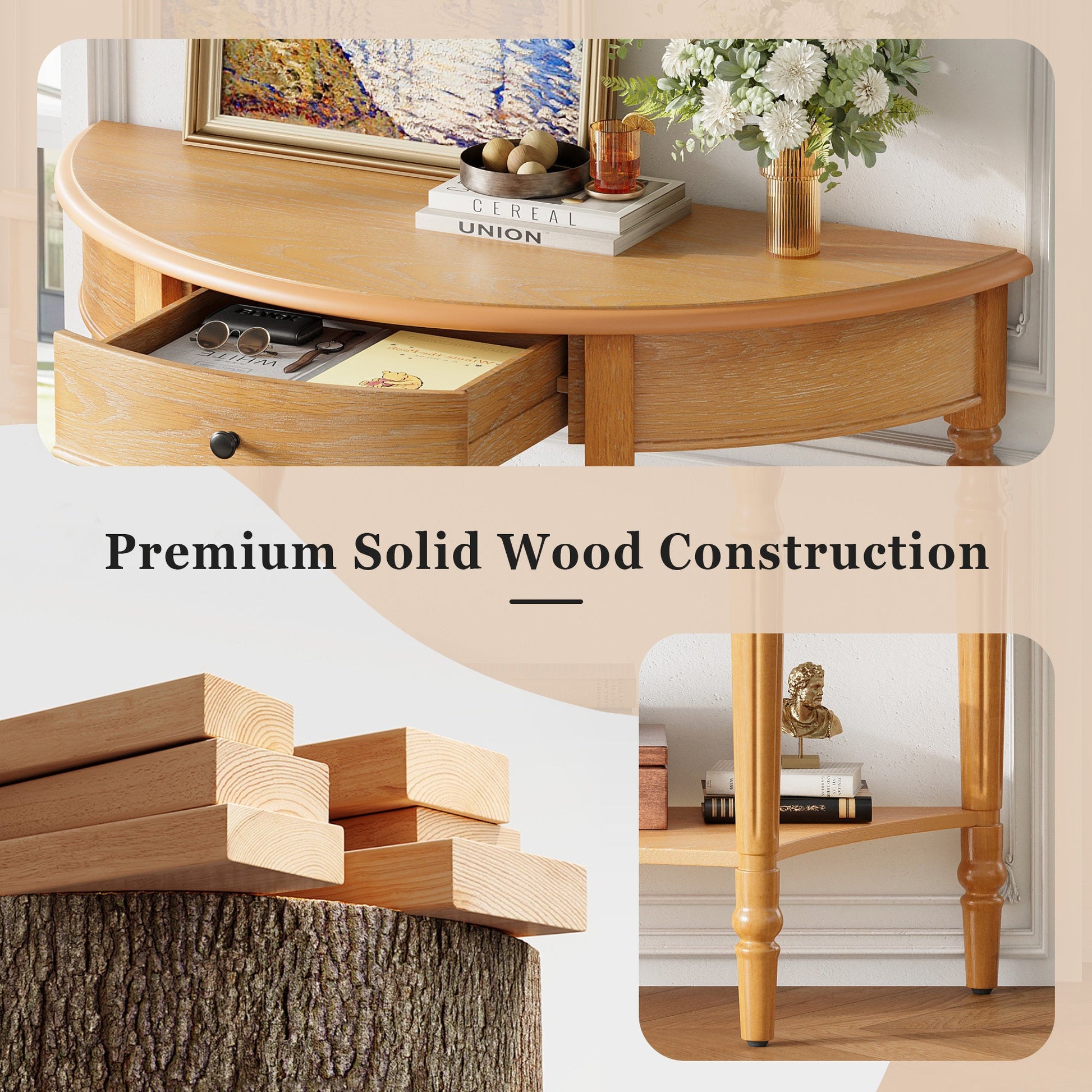 TREXM Farmhouse Half Moon Console Table with Drawer & Shelf - Rustic Accent Table, Sofa Table for Entryway, Living Room, Hallway and Foyer (Natural) - 1st Choice Furniture Direct