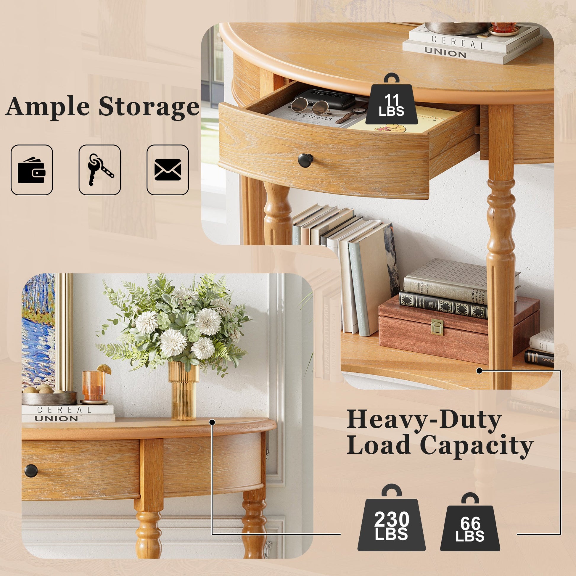 TREXM Farmhouse Half Moon Console Table with Drawer & Shelf - Rustic Accent Table, Sofa Table for Entryway, Living Room, Hallway and Foyer (Natural) - 1st Choice Furniture Direct