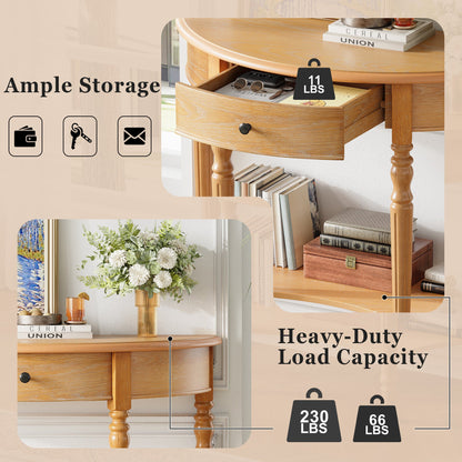 TREXM Farmhouse Half Moon Console Table with Drawer & Shelf - Rustic Accent Table, Sofa Table for Entryway, Living Room, Hallway and Foyer (Natural) - 1st Choice Furniture Direct